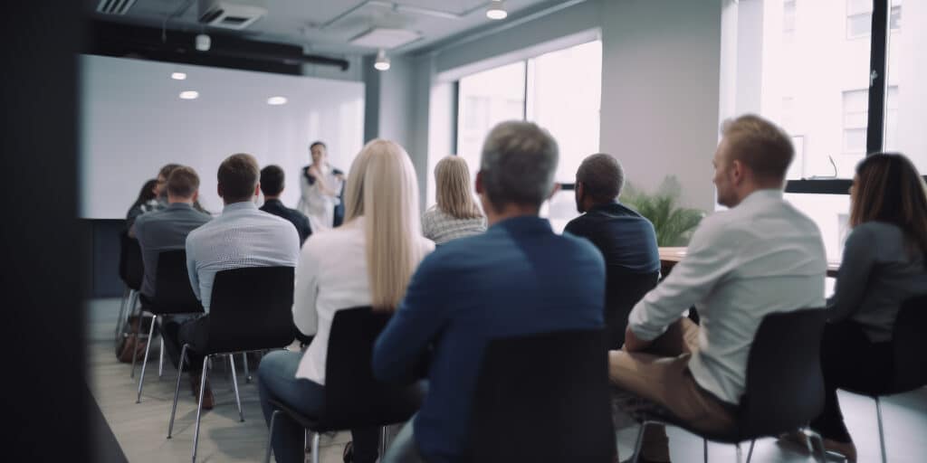 Gruppe von Menschen sitzt in einem modernen Konferenzraum und hört einem Vortrag zu, symbolisiert Benutzerschulung und Wissensvermittlung.