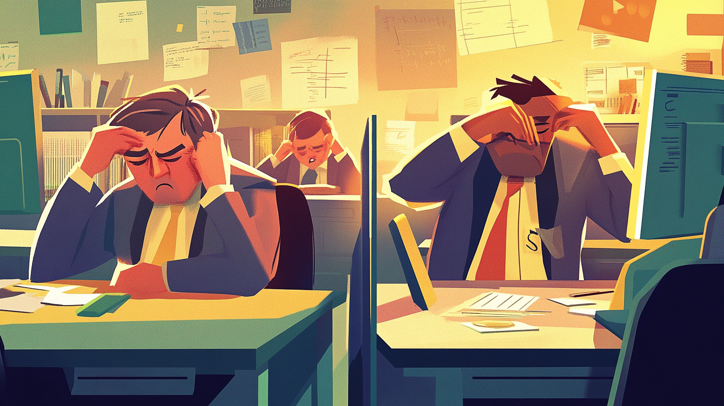 An illustration of tired office workers.